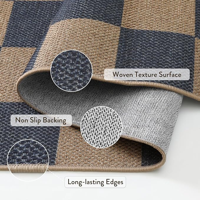 Lahome Colette Checkered Easy Jute Living Room Rugs, 5x7 Dining Room Office Rug Farmhouse Outdoor Patio Carpet, Checkerboard Washable Non Slip Indoor Outdoor Blue Carpet for Backyard Entry Deck