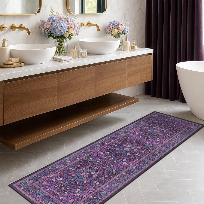 Washable Plum Purple Runner Rug 2x6 - Boho Rug Runner for Bathroom, Kitchen, Indoor Entryway, Low Pile Violet Carpet for Bedroom Bedside, Laundry Room, Hallway Mats for Floor, Stain Resistant