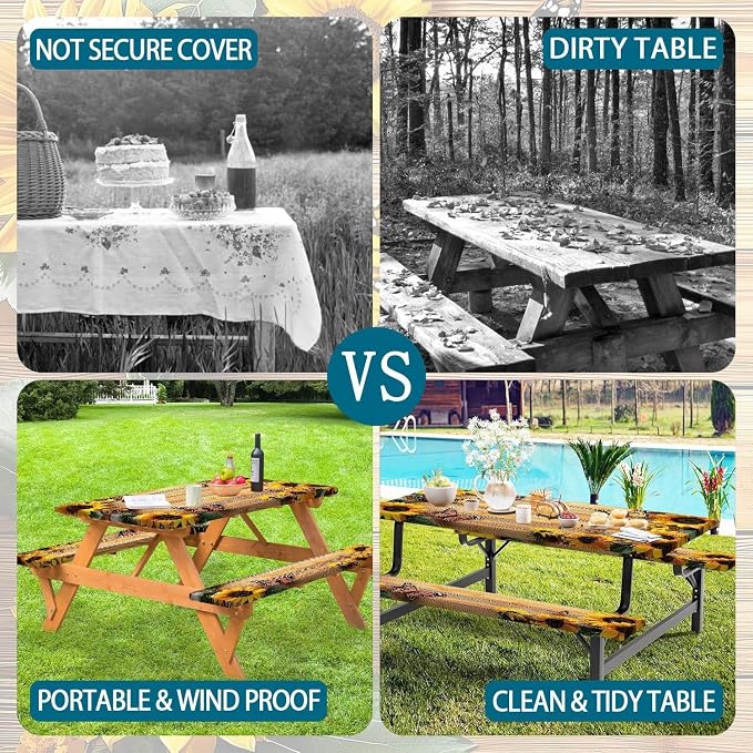 3PCS Picnic Table Cover with Bench Cover, Outdoor Patio Camping Essentials Farmhouse Sunflower Table Covers with Elastic Waterproof Camping Tablecloth with Drawstring Bag, 72In