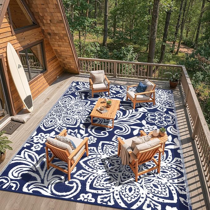 Findosom Waterproof Outdoor Rug 8' x 10' - Reversible Mandala Outdoor Plastic Straw Rug, Durable Foldable Patio Rug for RV, Deck, Balcony, Backyard, Picnic, Porch, Camping, Beach, Navy