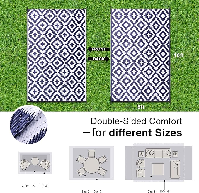OLANLY Waterproof Outdoor Rug 8x10 ft, Outdoor Plastic Straw Rug for Camping, RV Mat Outside, Indoor Outdoor Carpet for Porch, Deck, Backyard, Balcony, Picnic, Navy & White