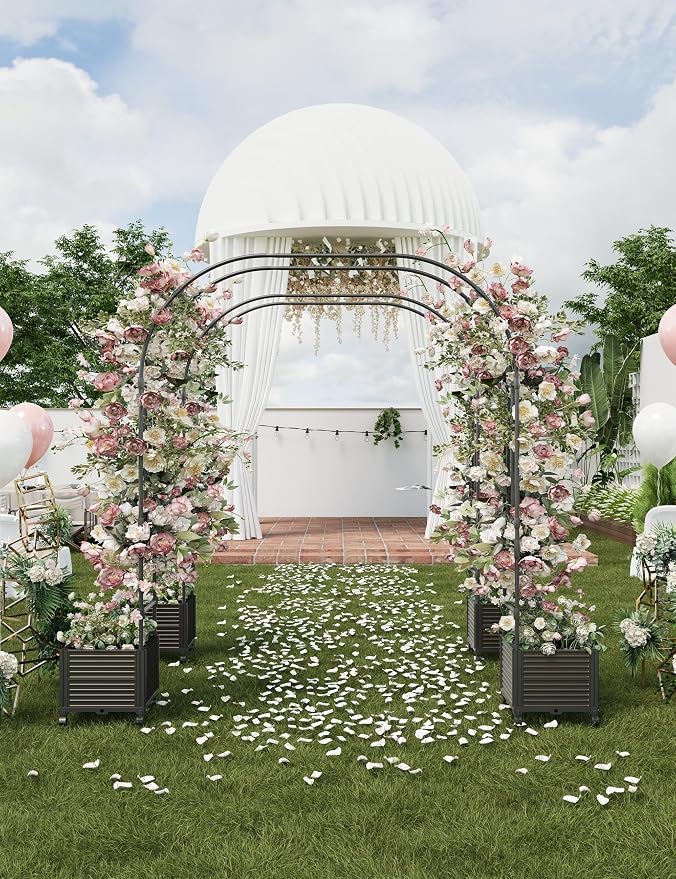 71" Tall Garden Arch Trellis for Climbing Plants – Metal Wedding Arch with Planter Box, Flower Frame Backdrop Stand – Rustproof Arbor for Wedding, Party, Balloon Decor & Outdoor Plant Support