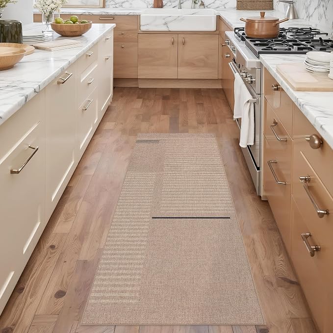 Outdoor Easy Jute Runner Rug: 2x6 Modern Natural Area Rugs for Front Patio Hallway Linen-Look Fabric Durable - Neutral Washable Mat for Entryway Kitchen Bedroom - Beige Woven
