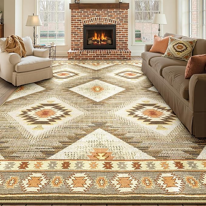 Area Rug 9x12 Machine Washable Non-Slip Low Pile Print Pattern Western Rug for Living Room Bedroom Entryway Tribal Series - Cream/Camel | Soft Western No Slip Low Pile Print Foldable Indoor for Kitchen Dining Room