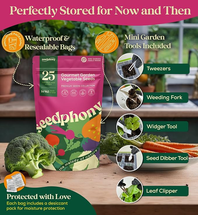 Seedphony 25 Gourmet Garden Vegetable Seeds Variety Pack - 14,965+ Non-GMO Heirloom Vegetables Seeds for Planting Indoor&Outdoor Home Garden Seeds - Gardening Seed Packets for Planting Vegetable Seeds