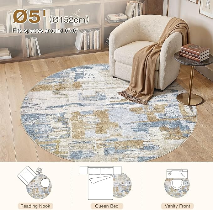 kakania Abstract 5x5 Round Rugs for Living Room: Circle Rugs 5FT Blue | Washable, Soft, Non-Slip, Low-Pile, Pet & Kid Friendly - Modern Home Decor Carpet for Bedroom/Dining Room/Nursery
