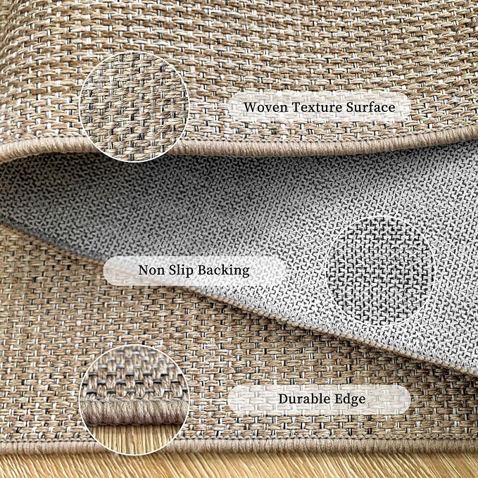 Easy Jute Round Rug 6ft: Outdoor Natural Area Rugs for Patio Linen-Look Fabric Durable - Neutral Washable Carpet for Living Room Bedroom Non-Slip - Geometric Arch Pattern