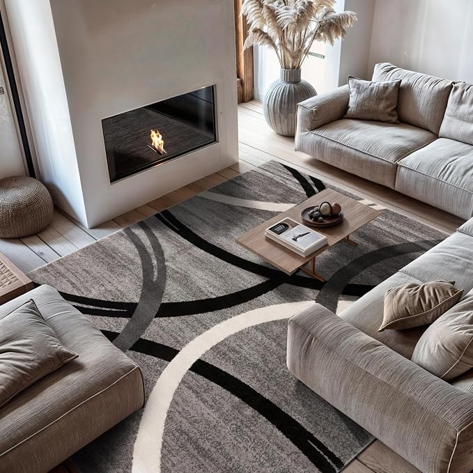 Rugshop Wavy Circles Non-Shedding Living Room Area Rug Gray 7'10" x 10'2" | Rectangular, Size 7'10" x 10'2", Bedroom, Dining Room, Home Office, Kitchen, Entryway, Hallway, Nursery, Kids Room, Bedside