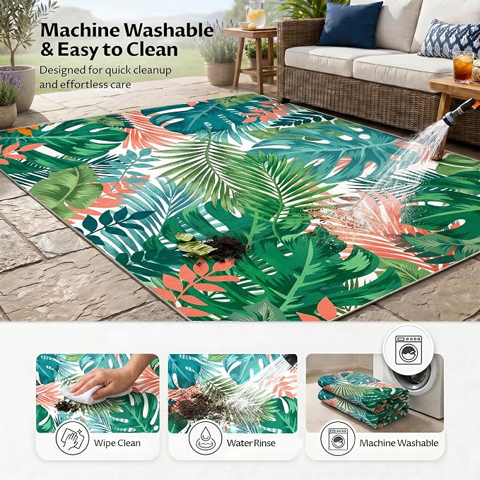 Arenarug 6x9 Monstera Tropical Outdoor Rug – Waterproof Non-Slip Machine Washable Patio Rug, UV & Stain Resistant Outdoor Carpet for Patio Deck Balcony Backyard, Teal