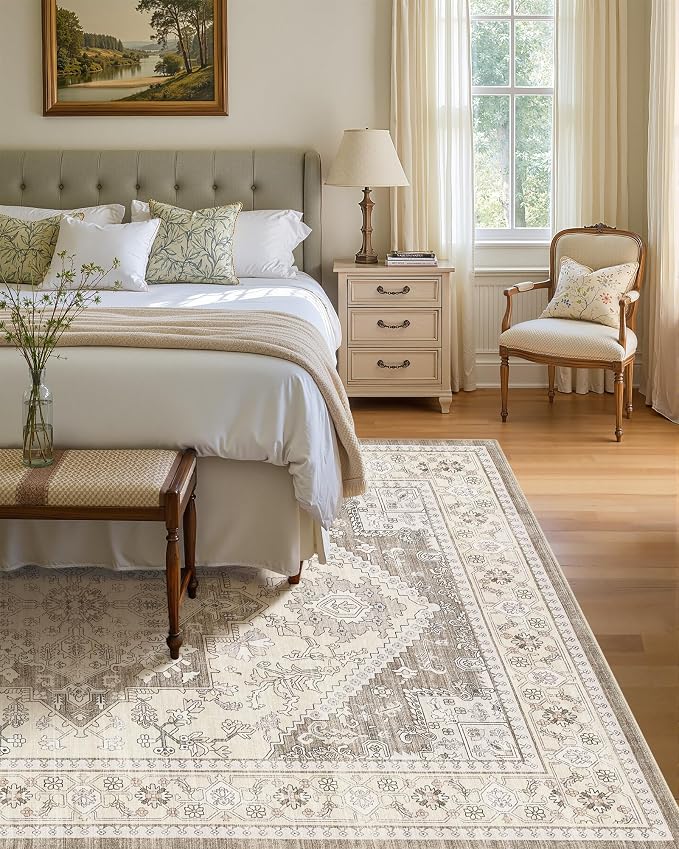 Washable Area Rug-9X12 Vintage Neutral Soft Brown | Non Slip Thin Foldable Large Floor Carpet for Living Room Bedroom Kitchen Dining Room Home Office Farmhouse Indoor