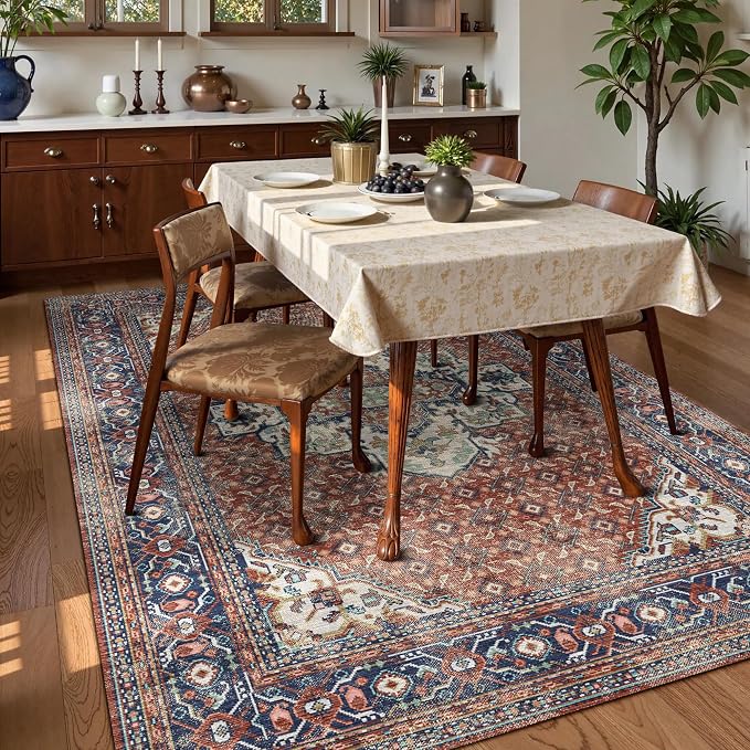 Washable Area Rug 6' x 9' Vintage Traditional Persian Mat - Foldable Distressed Non-Slip Machine Washable Carpet for Living Room Bedroom Kitchen Home Decor - Terracotta and Navy