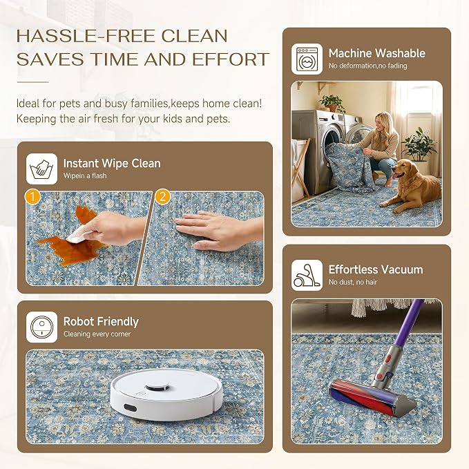 HUGEAR 8x10 Machine Washable Rugs Light Blue Hallway Large Area Rug Indoor Accent Rug Floral Low Pile Carpet Soft Throw Aesthetic Rug Bedroom Living Room Office Dining Room Kitchen Laundry Room