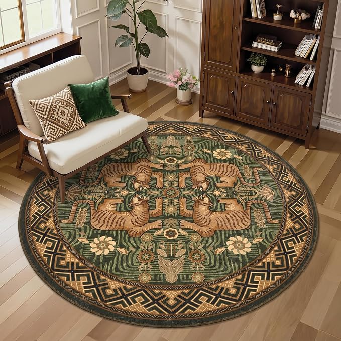 GarveeHome Tiger Round Area Rugs Boho Kids Room Non Slip Washable Vintage | 6ft Green Animal Print Circle Rugs, Tribal Floor Carpet for Dining Room Entryway Nursery Playroom Office