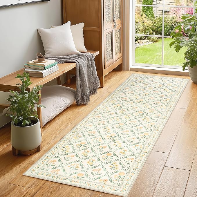 PLHXFR 2.6x8 Washable Runner Rug：Floral Indoor Kitchen Carpet Beige Multi | For Hallway Bedroom Kitchen Laundry Bathroom Dorm,Vintage Floral,Machine washable,Non Slip,Stain Resistant,Indoor Floor