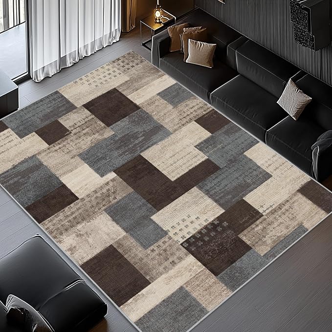 Modern Geometric Patchwork Indoor Blue Area Rug for Living Room | Blue-Taupe 5'x 7' Large Rug Rockwood Collection Hardwood Floors Decor for Bedroom, Throw Carpet for Office Entryway Dining