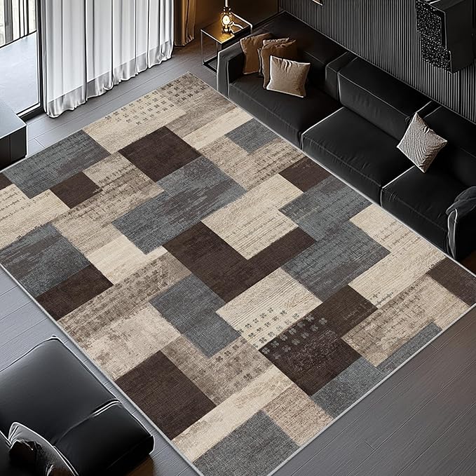 Modern Geometric Patchwork Indoor Blue Area Rug for Living Room | Blue-Taupe 9'x 12' Large Rug Rockwood Collection Hardwood Floors Decor for Bedroom, Throw Carpet for Office Dining Room