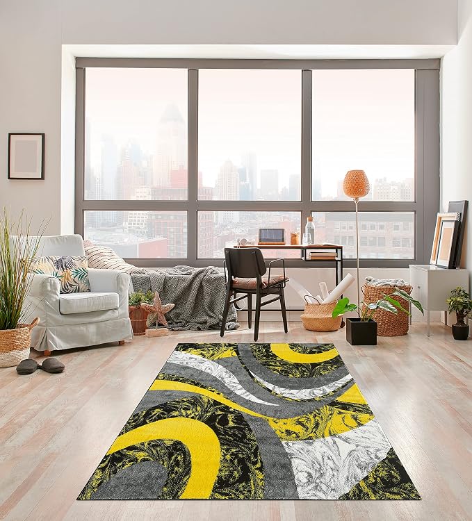 Yafa Home Fashion Modern Contemporary Swirls Design Area Rug, Luxurious, Elegant, and Fashionable Area Rug (Yellow, 2 ft X 7 ft)