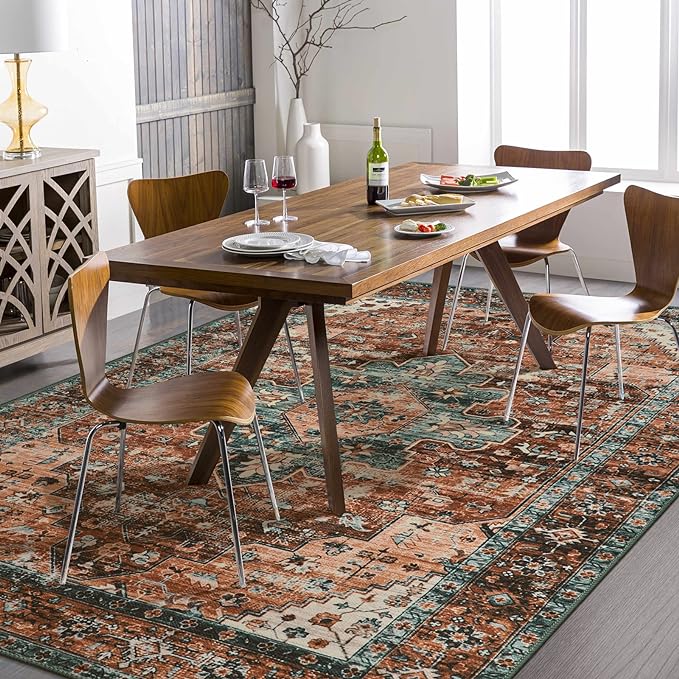 Moynesa Ultra-Thin Vintage Area Rug - 6x9 Washable Bedroom Rug Large Living Room Rug Non-Slip Dining Room Mat, Oriental Printed Low Pile Nursery Carpet for Office Kitchen Entryway, Brick Red/Dull Teal