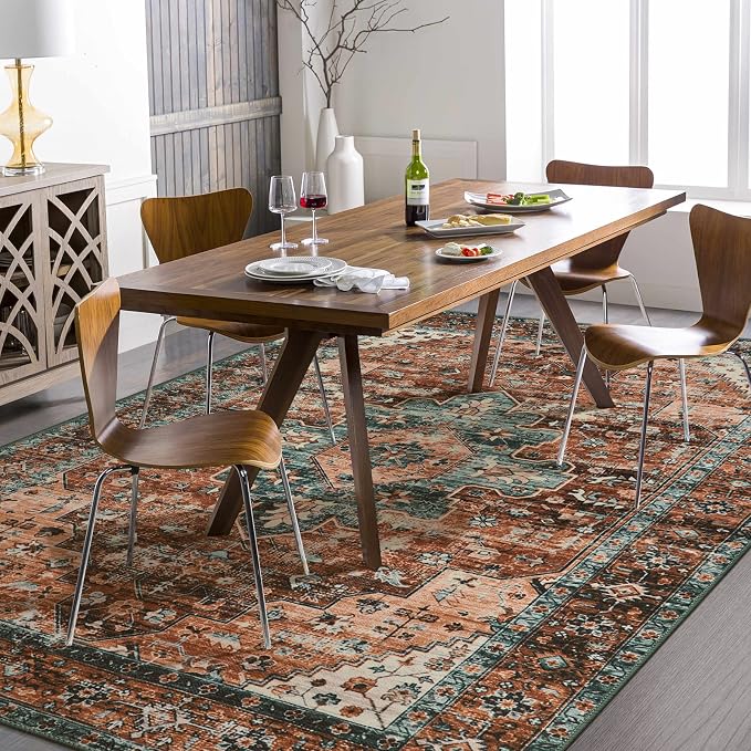 Moynesa Ultra-Thin Washable 10x14 Area Rugs for Living Room, Boho Large Living Room Rug Non Slip,Vintage Oriental Indoor Floor Carpet for Dining Room Table Dorm Home Office Decor, Brick Red