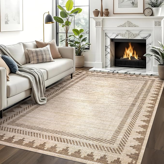 Washable Rugs 5x7 Unique Bordered Geometric Rug for Living Room, Modern Neutral Carpet with Non Slip TPR Backing,Stain-Resistant Non Shedding Floor Covering, Low Pile Foldable Mat for Nursery,Tan