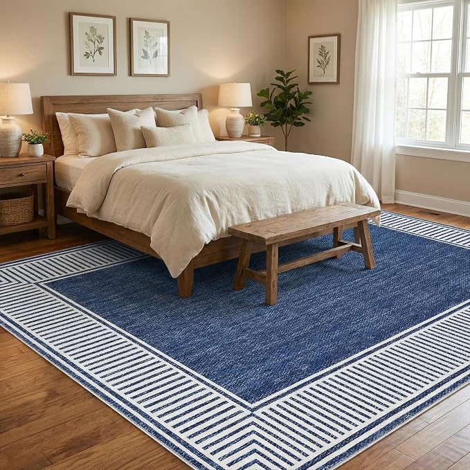 Garvee Bordered Area Rug 5x7 Washable Living Room Rug Non Slip Rugs Blue | Modern Ultra Soft Non-Shedding Floor Cover Low Pile Stain-Resistant Lines Print Throw Carpet for Bedroom Kids Room Dorm