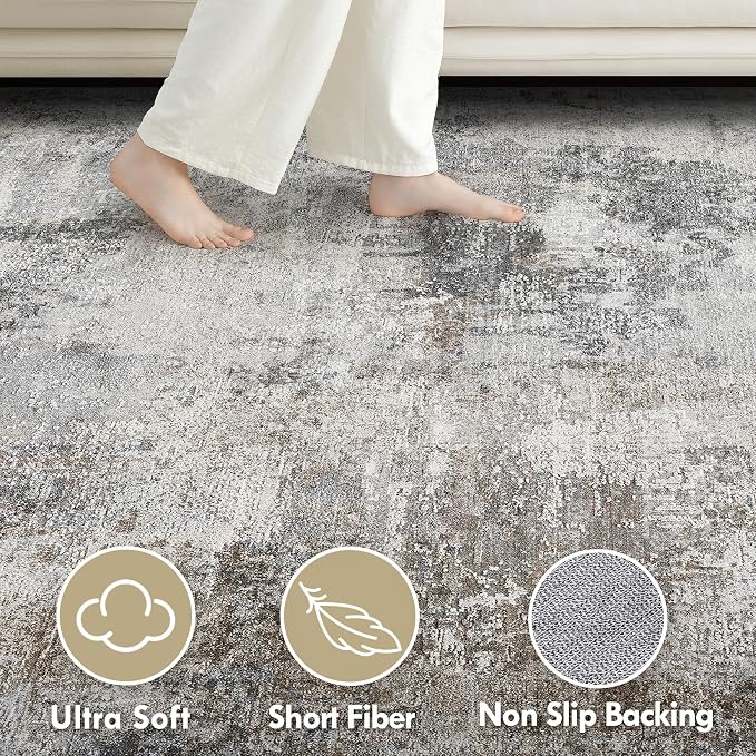 Tortania Washable 10x14 Area Rug for Living Room: Modern Abstract Neutral Large Soft Thin Rugs - Non Slip Indoor Carpet for Bedroom Dining Room Office Nursery Home Floor Decoration - Ash Taupe