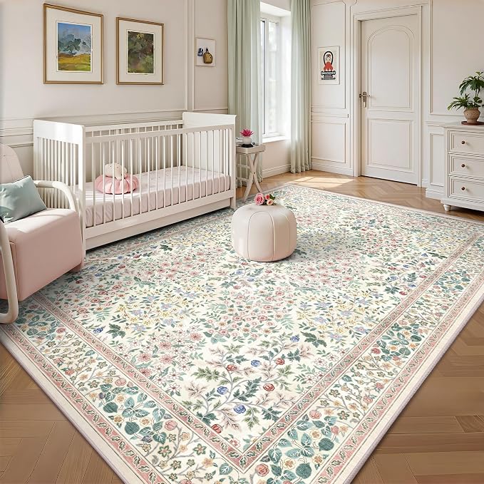 6x9 Area Rugs, Machine Washable Low Pile Floral Rugs for Living Room, Bedroom, Large Boho Area Rug with Non-Slip Backing for Dining Room(Pink Floral)
