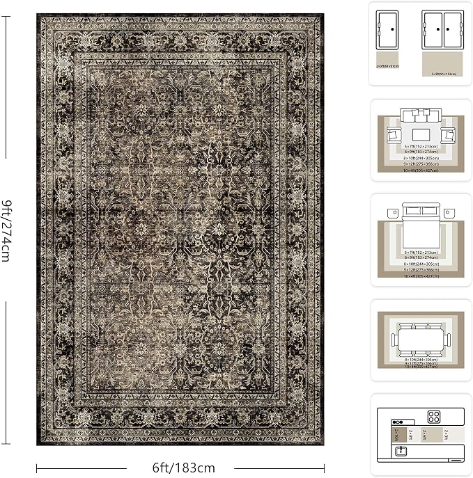 6x9 Area Rugs - Washable Vintage Retro Living Room Rug, Soft Ultra Thin Non Slip Low Pile Traditional Distressed Boho Carpet for Bedroom Dining Room Nursery Home Office, Brown