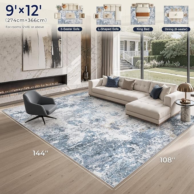 DMOYEST 9x12 Area Rug for Living Room Washable Abstract Indoor Carpet | Neutral Modern Low Pile Rugs Kid & Pet Friendly Large Soft Thin Carpet for Bedroom Dining Room - Blue