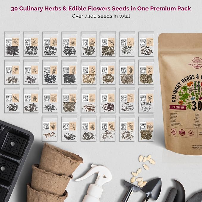 Organo Republic 30 Culinary Herbs & Edible Flower Seeds Variety Pack- Indoor/Outdoor. 7400+ Non-GMO Heirloom Flower Seeds: Basil, Borage, Echinacea, Lavender, Oregano, Rosemary Seeds & More