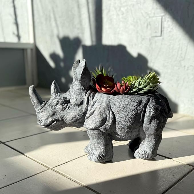 Zeckos Charming Grey Rhino MGO Planter with Drain Holes, 18.5 inches - Weather-Resistant Magnesium Oxide for Garden or Patio Decor - Unique Animal Theme Planter, Perfect for Indoor/Outdoor Use
