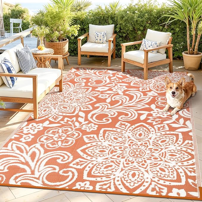 Findosom Waterproof Outdoor Rug 5' x 8' - Reversible Mandala Outdoor Plastic Straw Rug, Durable Foldable Patio Rug for RV, Deck, Balcony, Backyard, Picnic, Porch, Camping, Beach, Orange