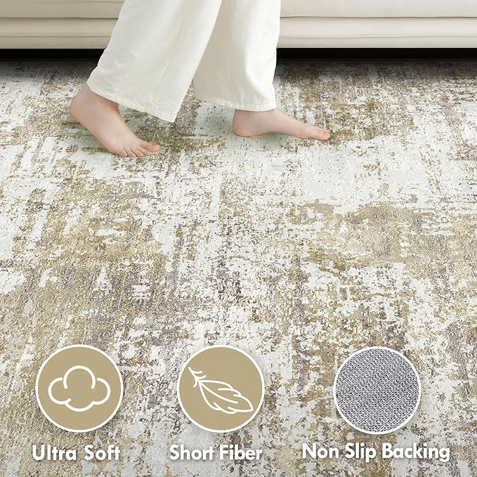 Tortania Area Rug Living Room Rugs - 6x9 Modern Abstract Neutral Large Soft Thin Rugs - Non Slip Indoor Carpet for Bedroom Dining Room Office Nursery Home Floor Decoration - Golden Brown