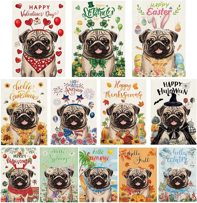 Pug Garden Flags for Outside Set of 12, Dog Welcome Seasonal Garden Flags 12x18 Double Sided for All Seasons and Holidays, Spring Summer Yard Lawn Flag for Outdoor Decor, Pug Decor