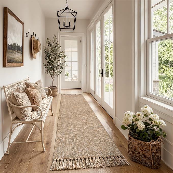 Long Entry Hall Runner Rug, 2.6x14 ft Kitchen Carpet | Washable Boho Bedroom Rug, Tan Modern Farmhouse Braided Woven Cotton Carpets Runners for Bedside, Entry
