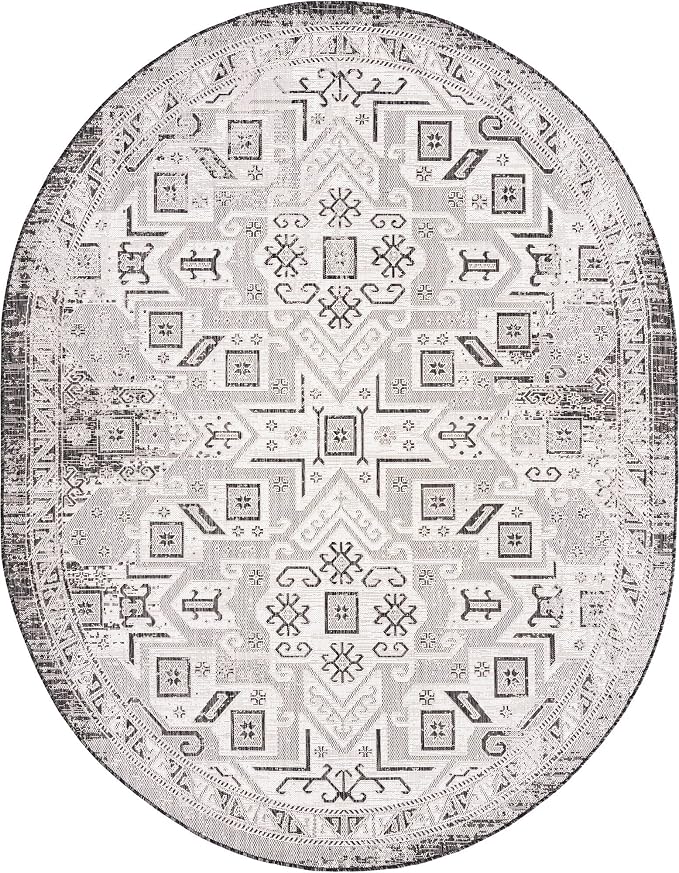 Unique Loom Outdoor Aztec Collection Area Rug - Coba (7' 10" x 10' Oval, Charcoal Gray/ Ivory)