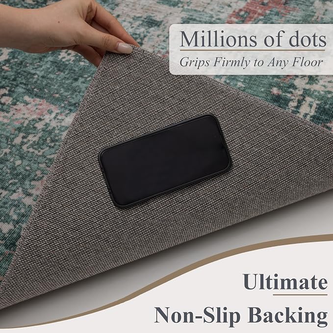 Sasttie 4x6 Washable Area Rug, Modern Abstract Carpet, Pink & Green | Ultra-Soft Faux Wool, Low Pile, Non-Slip, Lightweight, Thin, for Living Room, Bedroom, Dinning Room & Dorm