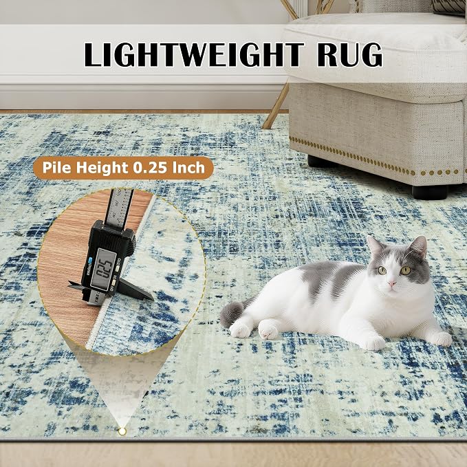 6x9 Washable Area Rug for Living Room Bedroom: Non-Slip Modern Blue Gray | Machine Washable TPR Backing, Stain-Resistant Low Pile, Pet & Kid Friendly, Abstract Decor for Dining Room, Dorm, Home Office