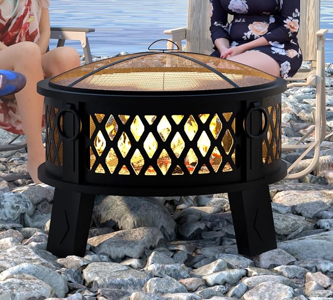 Fire Beauty 26" Steel Fire Pit with Grill & Diamond Mesh Design,360° Airflow Tech for 80% Less Smoke,XL Flames,Heavy-Duty Portable Outdoor Fire Bowl for Camping, Backyard, Beach (22lbs, 4 Handles)