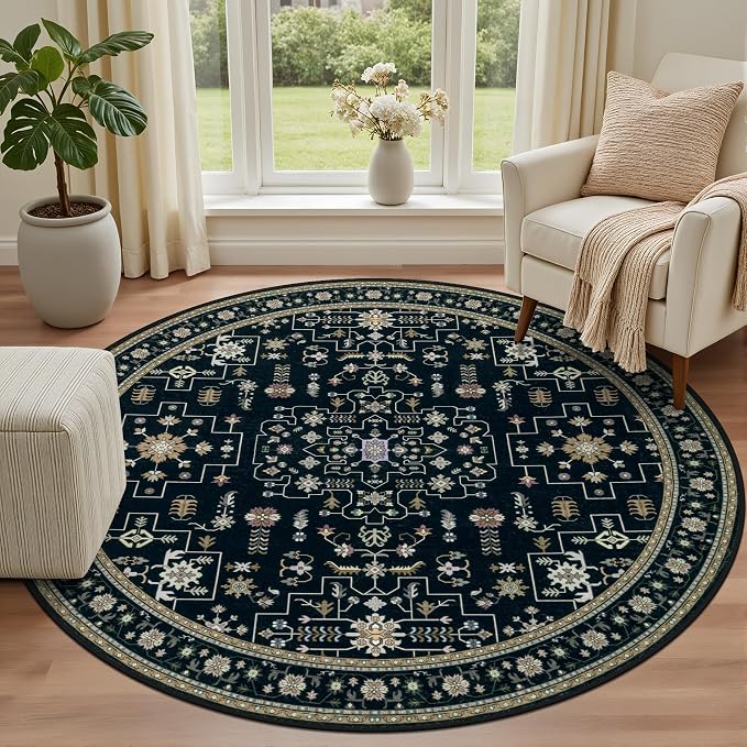Round Area Rug for Living Room: 6ft Washable Rug for Bedroom Black | Vintage Boho Soft Round Rug Indoor Floor No Slip Carpet Stain Resistant Rugs for Bedroom Dining Room Nursery Home Office
