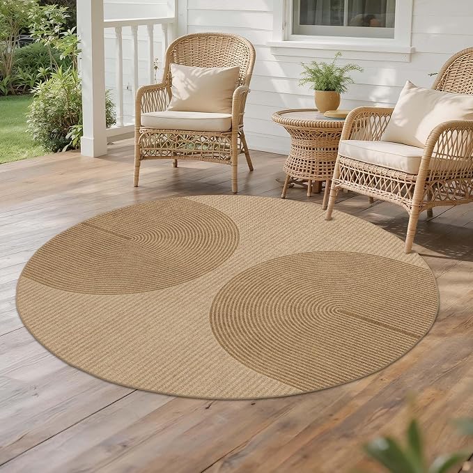 Easy Jute Round Rug 4ft: Outdoor Natural Area Rugs for Front Patio Linen-Look Fabric Durable - Neutral Washable Carpet Mat for Entryway Bedroom Bathroom Non-Slip - Geometric Arch Pattern