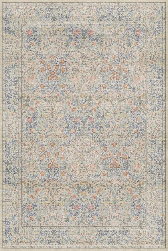 Washable Dining Room Rugs, 6x9 Area Rug for Living Room, Bedroom, Kids Playroom, Baby Nursery - Low Pile Non-Slip Lightweight - Oriental Vintage Design & Stain Resistance (6x9 Light Beige Blue)