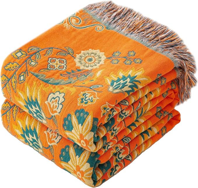 Phuryllic Boho Throw Blanket Throw Size, Soft Cozy Cotton Muslin Quilt Blanket for Bed Decor, Bird Patterned Couch Sofa Chair Cover, Vintage Farmhouse Cottage Tapestry Woven Blanket, Orange&Green