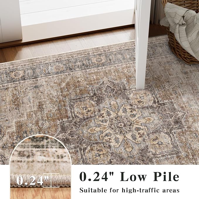 6x9 Area Rug for Living Room Soft Washable Vintage Boho Area Rug | Non-Slip, Retro Print, Low Pile, Stain Resistant, Soft Washable Brown Carpet, for Bedroom, Dining Room, Nursery, Home Office