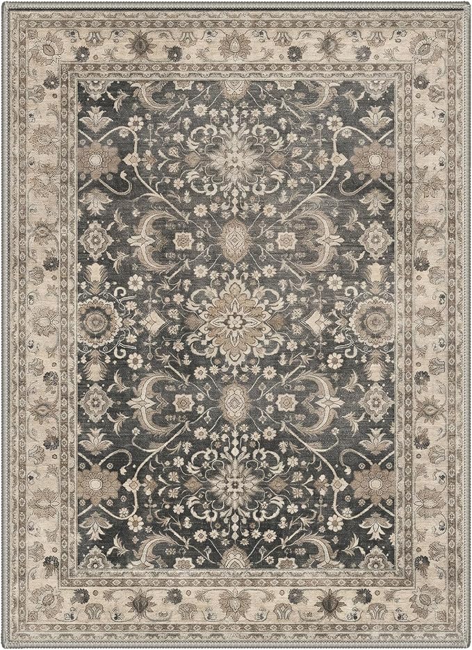 5X7 Area Rug for Living Room, Washable Boho Oriental Floral Non Slip | Easy Care Faux Wool Rug for Bedroom Dining Room, Dusty Taupe Vintage Floral Rug, Non-Shedding, Vacuum Friendly, Thin Indoor