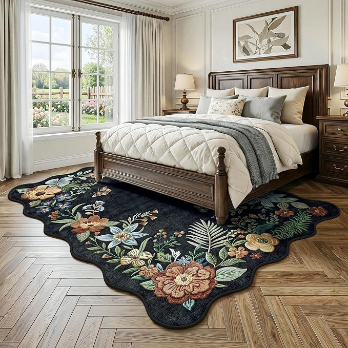 FMFUNCTEX 5x7 Washable Black Floral Vintage Flower Area Rug for Living Room | Colorful Traditional Boho Distressed Soft Non Slip Low Pile Large Indoor Thin Carpet Bedroom Dining Room Nursery, Black/Grey
