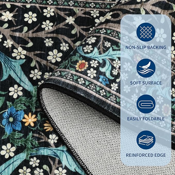 GarveeHome 6x9 Washable Area Rug for Living Room, Floral Dining Room Rugs for Under Table, Low Pile Non-Slip Stain Resistance Floor Carpet for Bedroom, Black