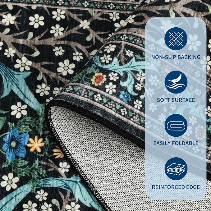 GarveeHome Black Floral 4 ft Round Rug Washable Non-Slip Soft Low Pile Small Circle Carpet Vintage Rugs for Kitchen Bedroom Nursery Dining Living Room