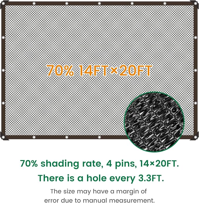 70% 14 X 20 FT Black Shade Cloth, Outdoor Sunblock Shade Cloth with Grommets, Durable Sun Shade Netting Shading Antifreezing for Patio, Garden, Plants Cover, Greenhouse, Barns, Dog Kennel