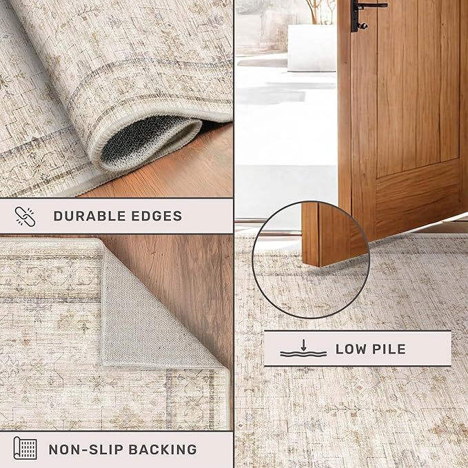 Beige Floral 3X12 Washable Long Hallway Runner Rug, Non-Slip Low-Pile Farmhouse Kitchen Rug, Neutral Vintage Distressed Oriental Carpet, Non-Shedding, Stain & Fade Resistant Home Décor